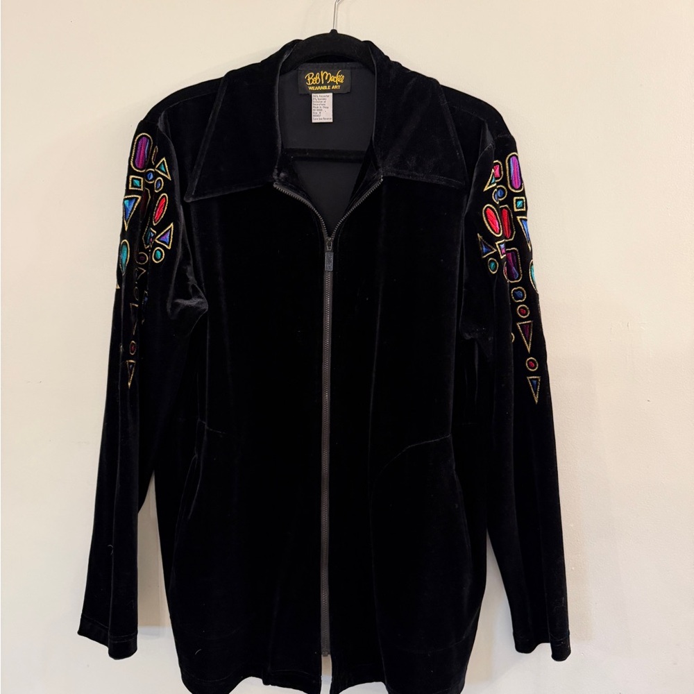 Bob Mackie Wearable Art, Black Velvet Zip Up Jacket, Sz. L